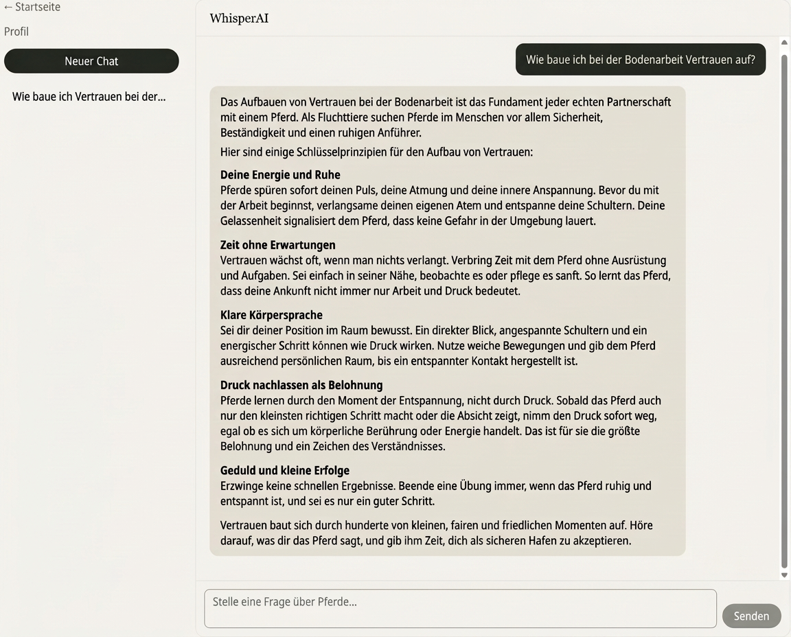 WhisperAI Chat-Oberfläche für Fragen zu Pferdeverhalten und Training