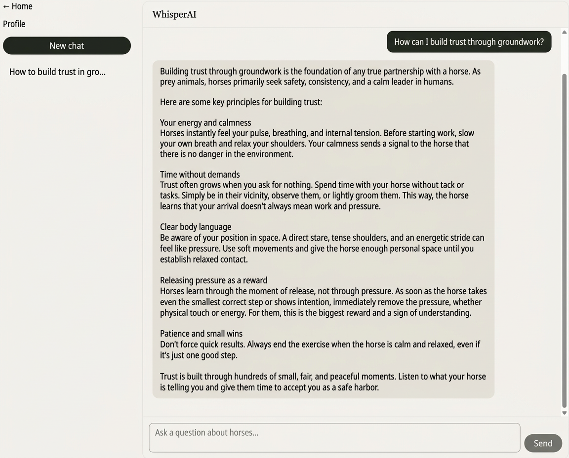 WhisperAI chat interface for horse behaviour and training questions